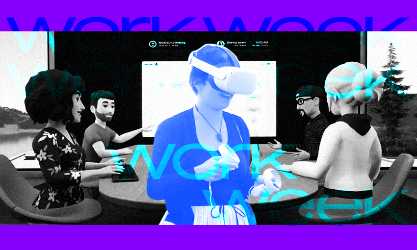 a woman (shanti!) in blue tones has a VR headset strapped to her head. in the background happy cartoon avatars are having a nice meeting without her