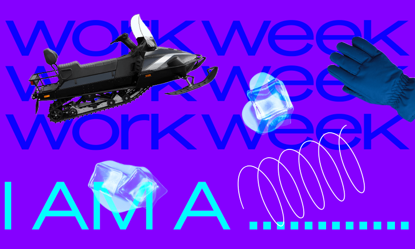 some squiggles and icecubs and a skidoo on a purple zany WORK WEEK background