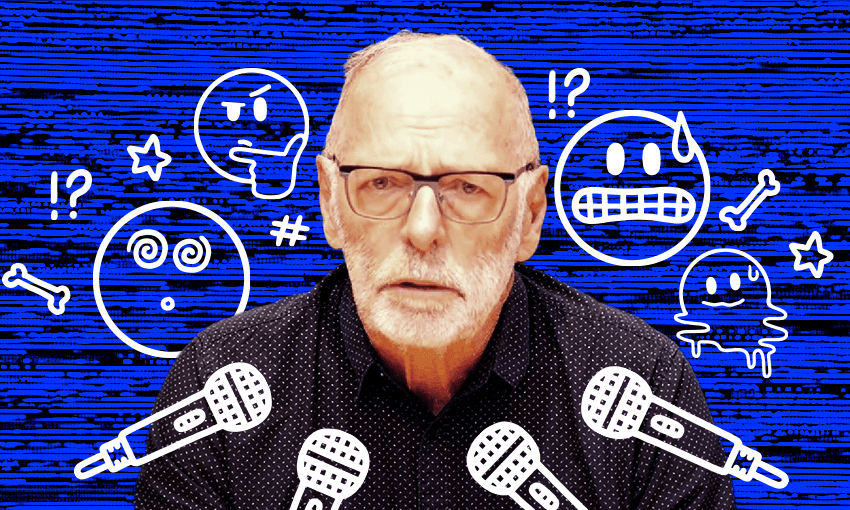 wayne brown among a sea of emoji faces and microphones