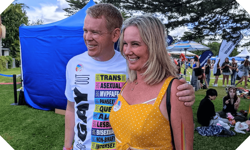 Chris Hipkins and Helen White at the Big Gay Out, Coyle Park, Pt Chevalier, Auckland, the day after White’s selection. (Photo: Toby Manhire) 
