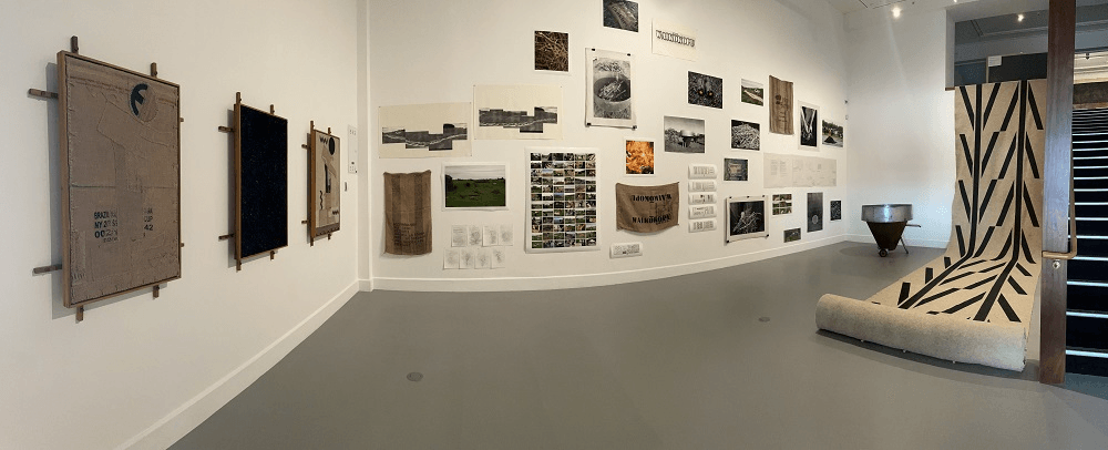 a wide shot with lots of beautiful art, slightly warped from the panorama effect 