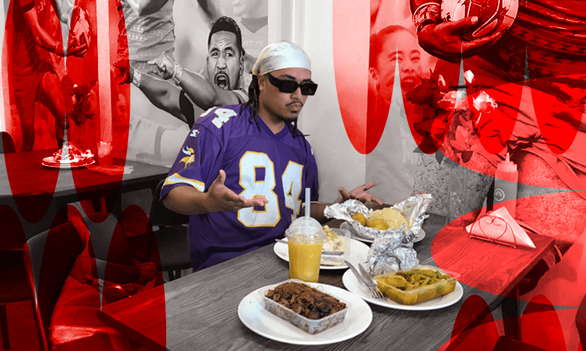 John-Paul Foliaki with his lunch at Halo Hihifo in Ōtāhuhu.