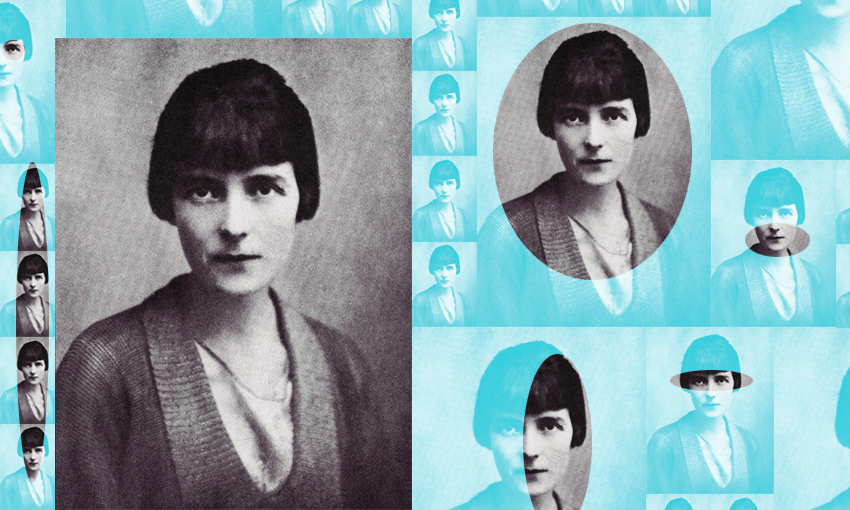 Repeated images of a black and white photo of the writer Katherine Mansfield