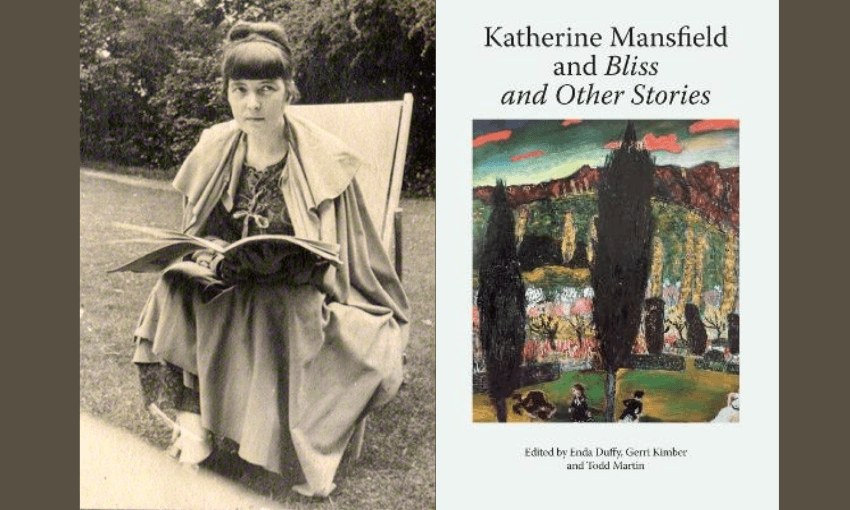 A photograph of Katherine Mansfield sitting outside in a chair, holding a large book (open). And a book cover of Bliss and Other Stories by Katherine Mansfield.
