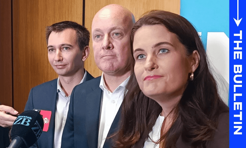 Simeon Brown, Christopher Luxon and Nicola Willis speak to media following the state of the nation speech (Photo: Toby Manhire) 
