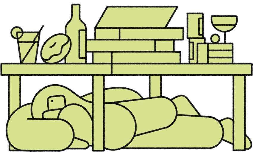 an illustration of different foods, with vegetables under a table and wine and donuts and pizza on top. the style is a block green colour and clear black lines