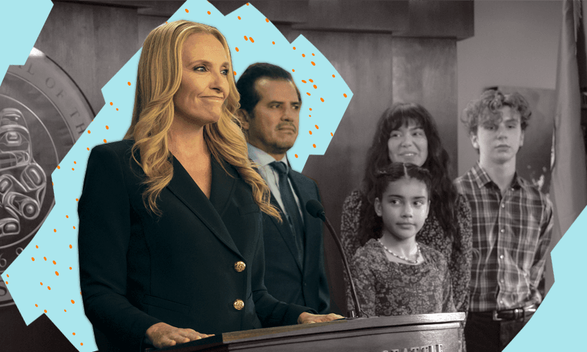 Toni Collette and John Leguizamo in The Power (Photo: Prime Video / Design: Tina Tiller)