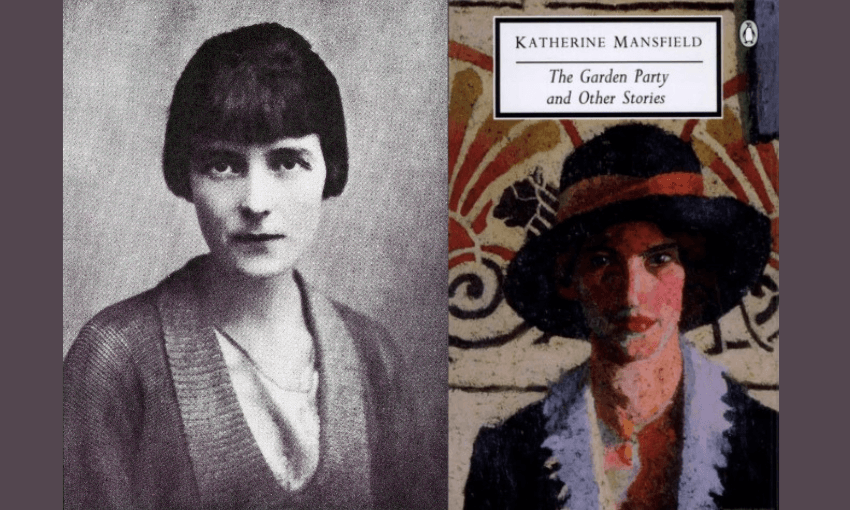 A black and white photography of Katherine Mansfield beside a modern cover of her collection of stories called The Garden Party and Other Stories