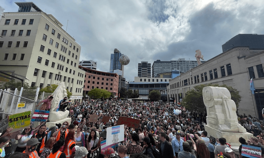 Trans rights protesters in Wellington (Photo: Alice Soper) 
