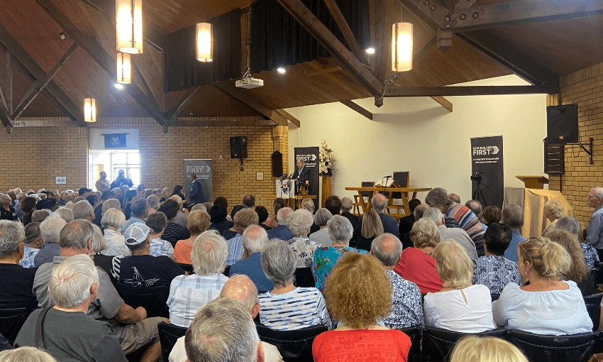 Winston Peters addresses a crowd in East Auckland