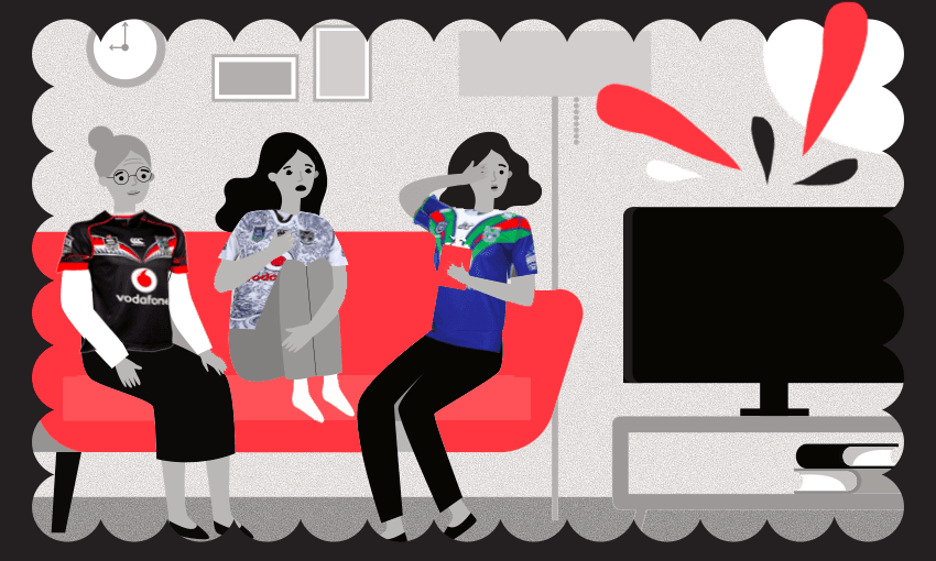 An illustration of three women wearing Warriors shirts, sitting on a red couch and watching TV