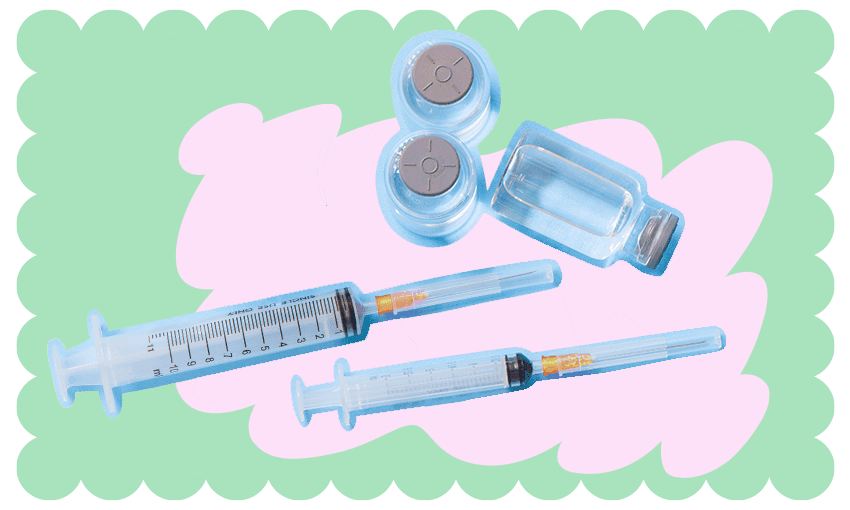 Covid-19 vaccine syringes and vials atop a light pink and green background.