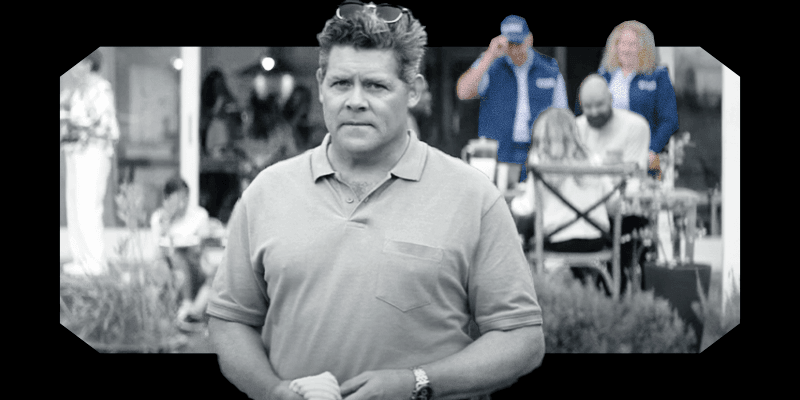 An edited frame from another Corrections ad, showing a Pākehā man in black and white in the foreground as two Corrections officers in colour stand in the background