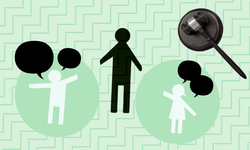 green background with a photo of a gavel and some zig zags with two paper cut ours of a kid and an adult made from blackpaper in between and speech bubbles coming from the kids
