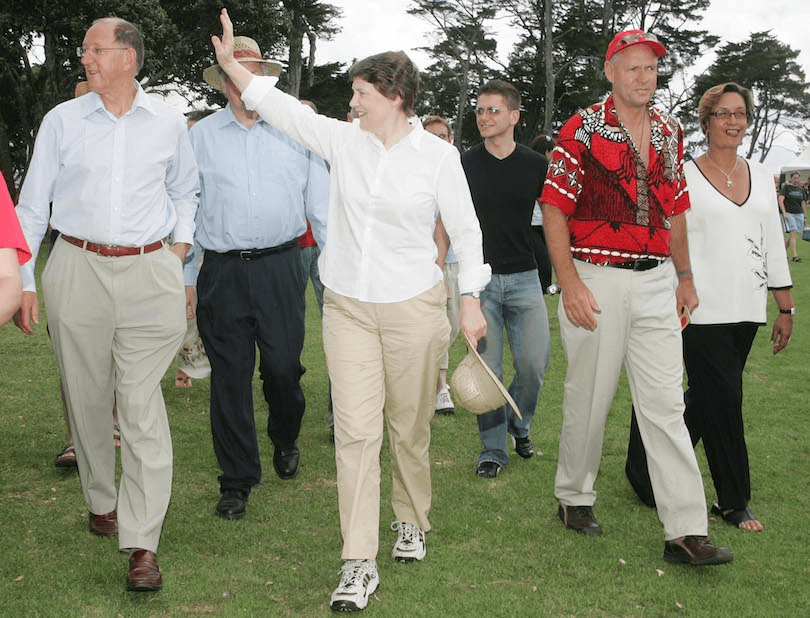 Helen Clark (centre) with Georgina Beyer (far right), then Labour MP Chris Carter (second from right) and then Auckland mayor Dick Hubbard (far left) at the Big Gay Out in 2005 (Photo: Sandra Mu/Getty Images) 
