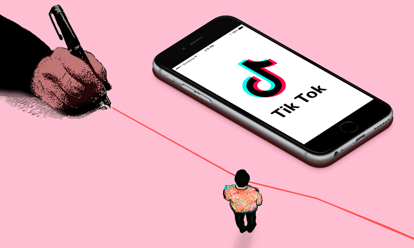 pink background with a hand drawing a line between an illustrated figure and a big phone with a tiktok icon on it. kinda wistful vibes