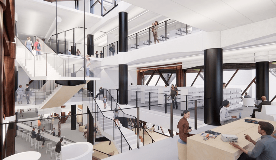 artist's render of the new library decor, which is overwhelmingly white