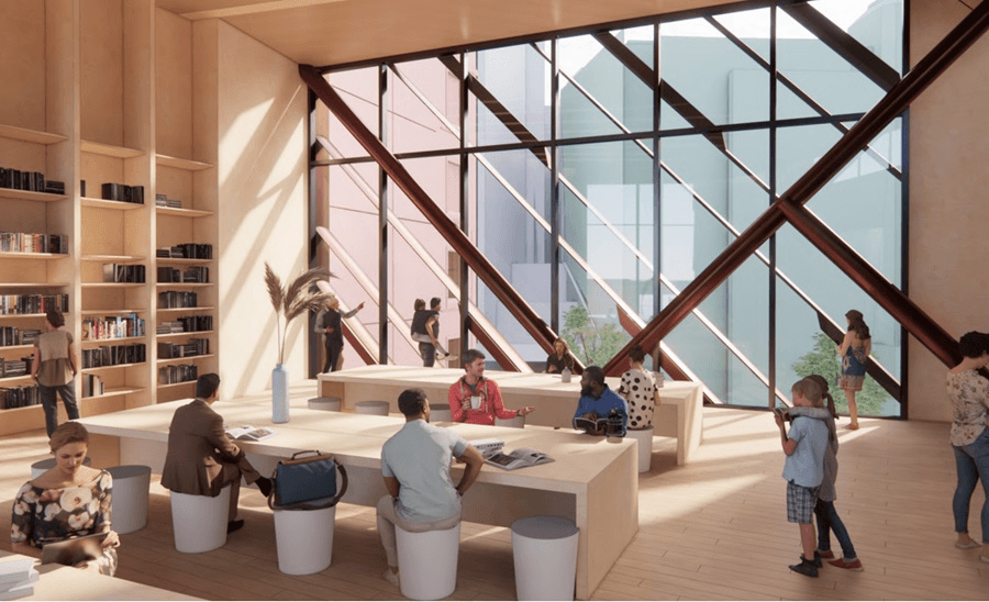 artist's render of the new library featuring a bookcase with books that are too high to reach