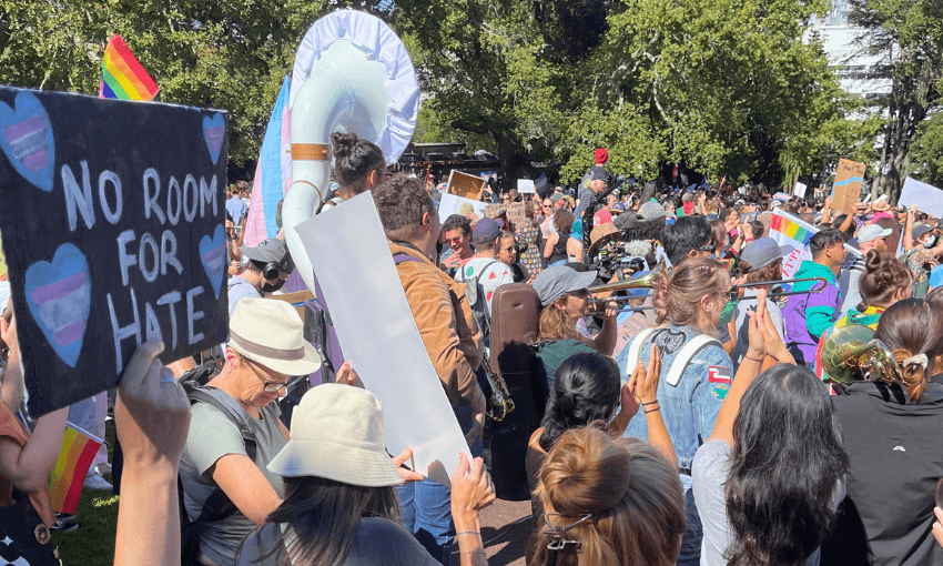 Scenes from the anti-trans activist counter-protest at Albert Park, Auckland (Image: Anna Rawhiti-Connell) 
