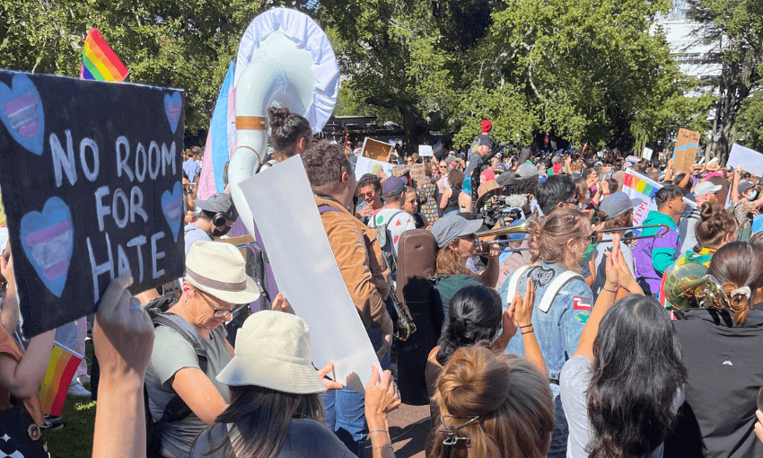 Scenes from the anti-trans activist counter-protest at Albert Park, Auckland (Image: Anna Rawhiti-Connell)