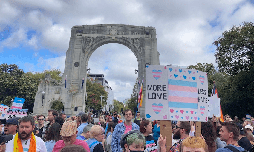a crowd of trans supporters stand alongside each other wearing pink, blue and white. A sign reads "More love, less hate" and is held by one of the people gathered
