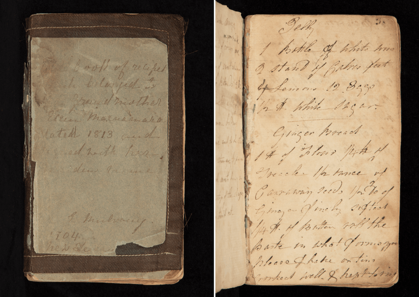 Scanned photographs of Ellen Macnamara's recipe book. One image is of the cover, the other is a page featuring a hand written ginger bread recipe.