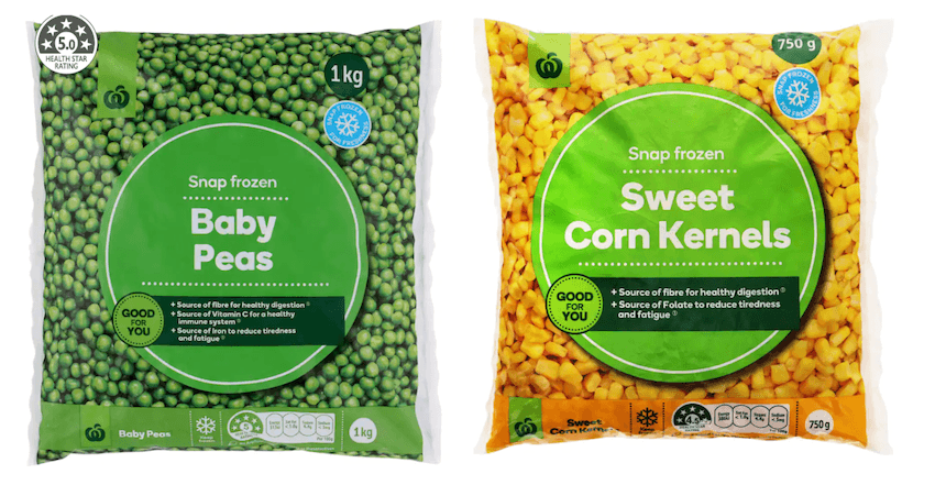 A bag of snap frozen baby peas and a bag of snap frozen sweet corn kernels