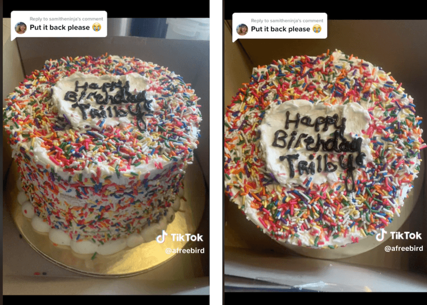 Screenshots from tiktok of the controversial cake. 'Happy birthday trilby' is written messily in black on top. The cake is scattered with hundreds and thousands and a messy smear of white icing.