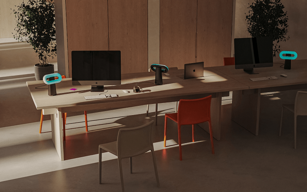 Blue lights on an office desk.