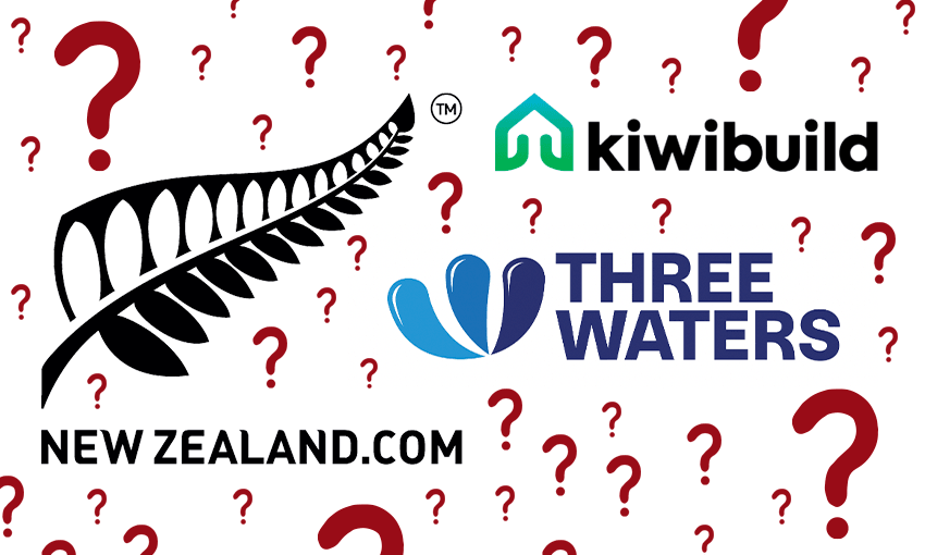 The FernMark, KiwiBuild and Three Waters logos, surrounded by questions marks