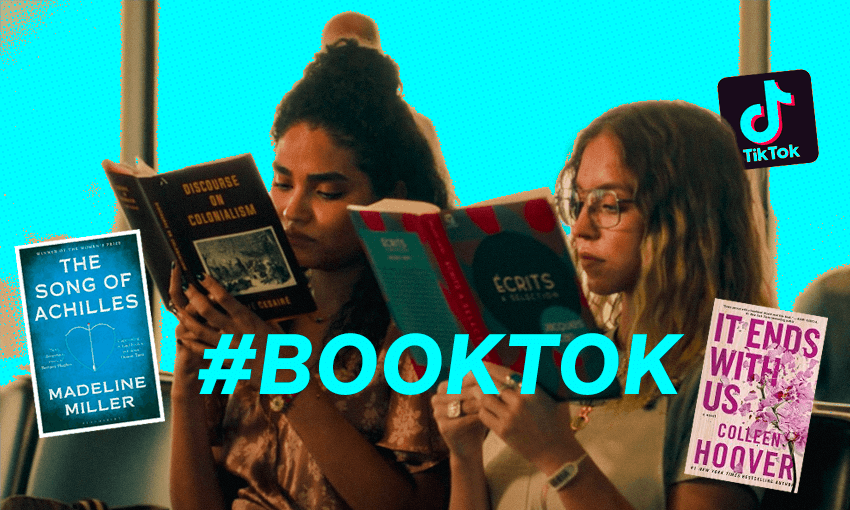 A photo of two young women reading, with book covers and the hashtag #booktok overlaid.