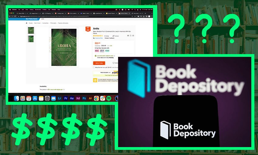 a green background with quesionmakrs and dollar signs and book depository logo and a book depository page with Hinemoa elder's book 'Aroha' on it