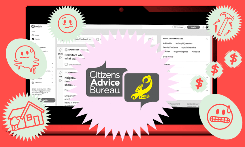 something that looks like the reddit homepage on a red background with a stressed emoji and a worried emoji and question marks and dollar signs and aboveit all like a beautiful anges the red and yellow Citizens Advice Bureau logo