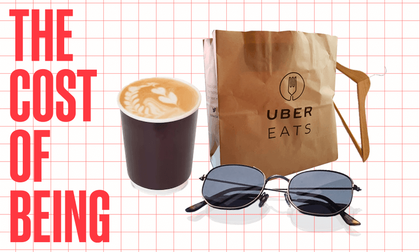 The words "the cost of being" alongside a takeaway coffee cup, an uber eats delivery bag and a pair of sunglasses