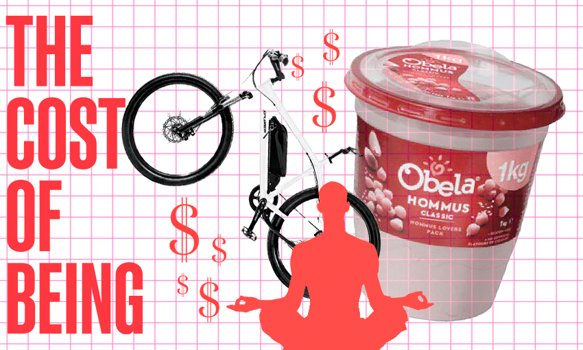 An e-bike, a figure doing yoga and an expensive tub of hummus