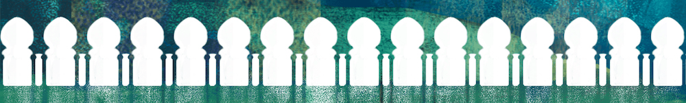 An illustration of greens and blues in the background with the white silhouettes of pillars in a row