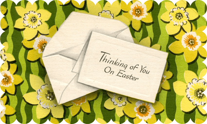 mid-century easter greeting card with daffodils and the words "thinking of you on easter"