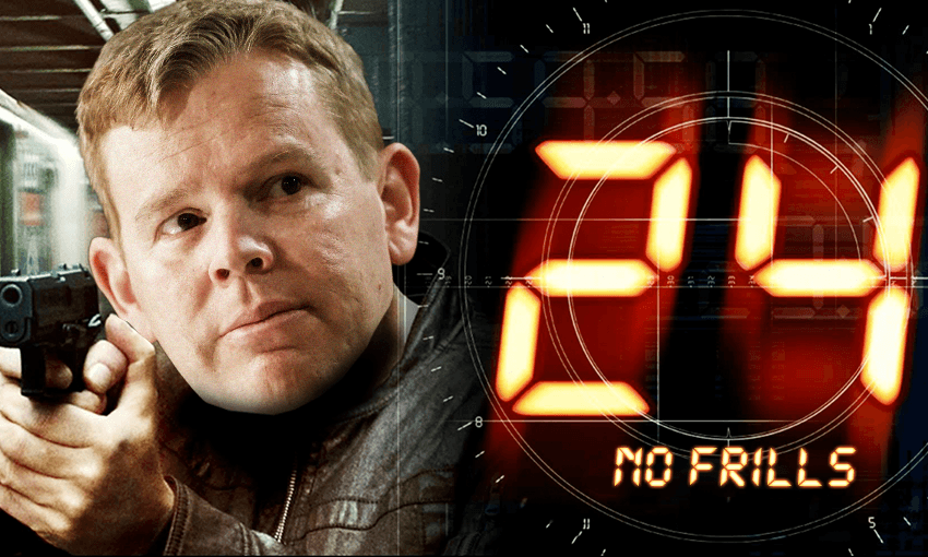 a promo image for the tv show 24 but with chris hipkins face photoshopped onto jack bauer's body