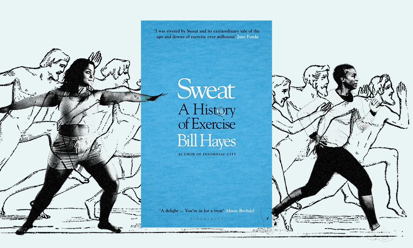 the book cover of Sweat, blue with serif writing, with an ancient greek illustrated frieze and also a woman doing yoga superimposed