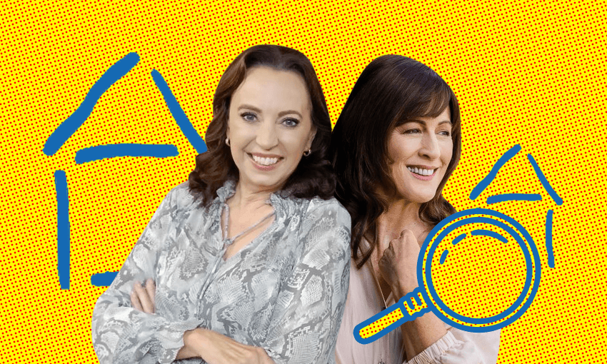 Suzanne Paul and Tammy Wells stand back to back on a yellow and blue Briscoes background