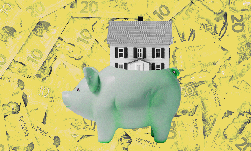 a green piggy bank with a house being deposited in it on a floor of money notes