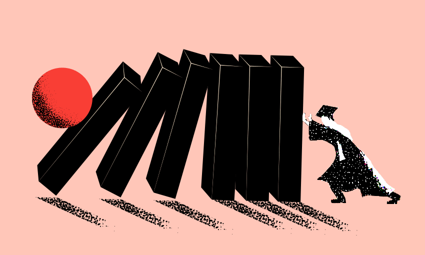 a red ball knocks over a row of dominoes against a pink background, while a person dressed in graduation attire attempts to hold them up