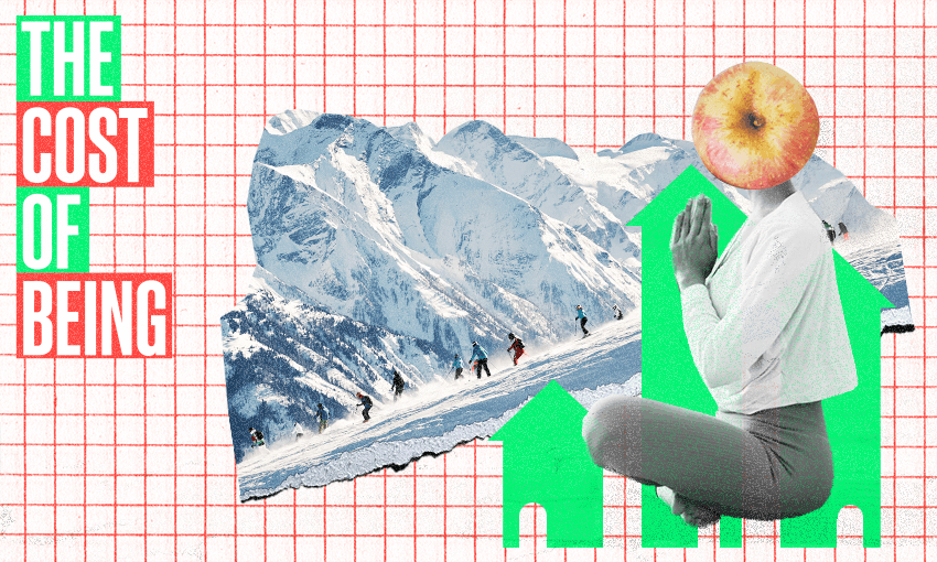 a woman doing yoga with an apple for a head and mountains in the background with green and read 'the cots of being' grid pattern in the background