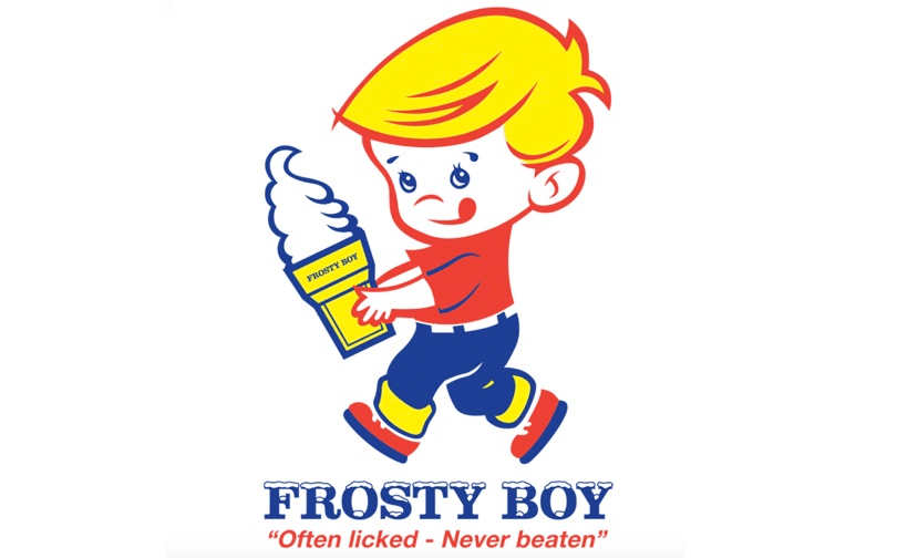 Logo of Frosty Boy, a blonde boy wearing a red tshirt and blue pants and holding a soft-serve icecream cone