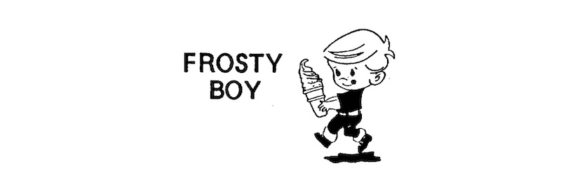 A black and white drawing of the Frosty Boy logo, featuring a boy holding a soft-serve ice cream cone
