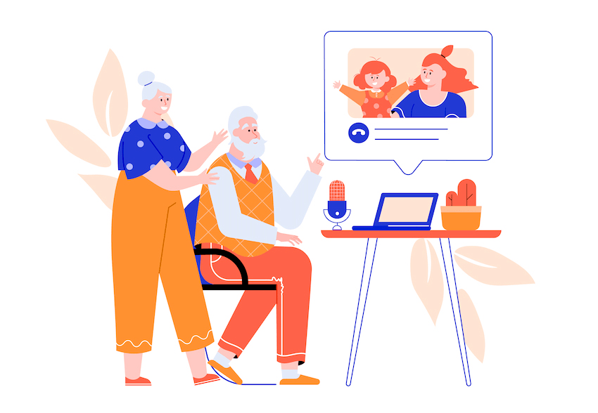 illustration of grandparents talking to daughter and grandchild over zoom