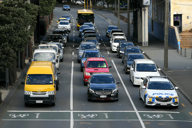 three lanes of cars queued up on Jervois Quay in Wellington