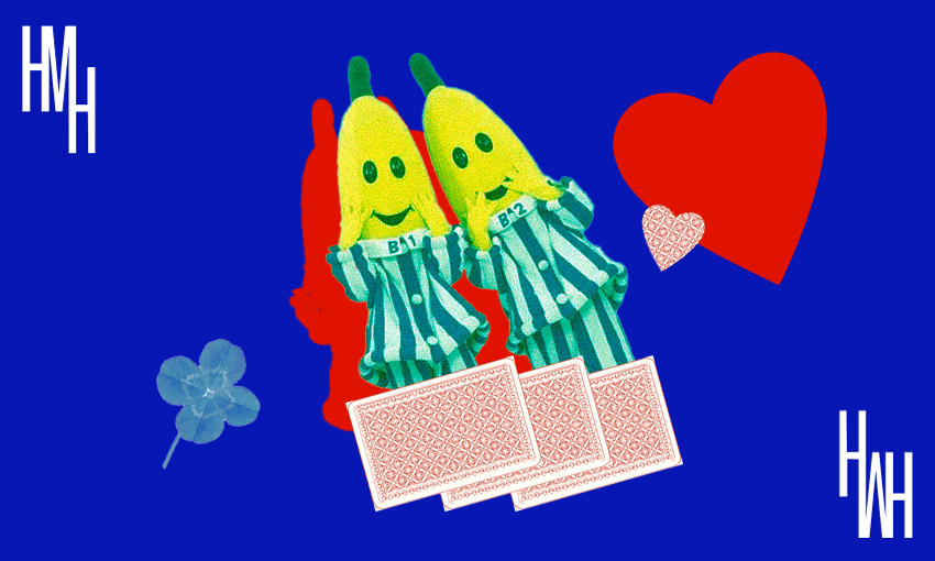 B1 and B2 aka television's Bananas in Pajamas on a blue backdrop with red shadows and a love heart