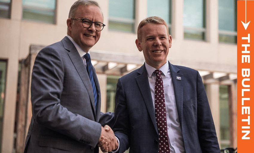 Chris Hipkins and Anthony Albanese shake hands at their first meeting in February