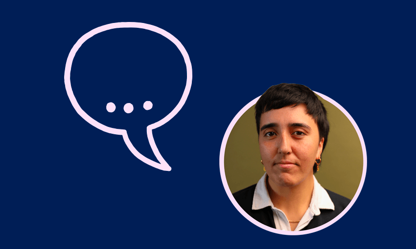 the spinoff editor mad chapman on a blue background with pink speech bubble emoji containing ellipsis